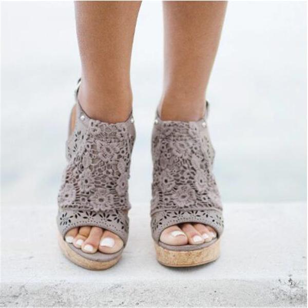 Women's Gray Summer Platform Wedge Sandals Open Toe Lace Cork High Heel Sandals