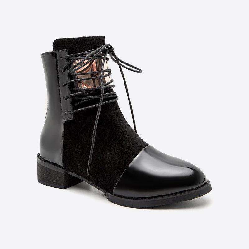 Women Lace-Up Round Toe Low Heeled Back Zipper Boots