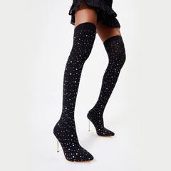 Futurecen- Women Rhinestone Over-The-Knee Sock Boots