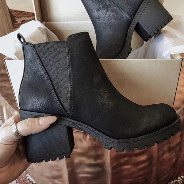 Womens Casual Black Ankle Boots Elastic Slip-on Booties Low Heel Ankle Boots