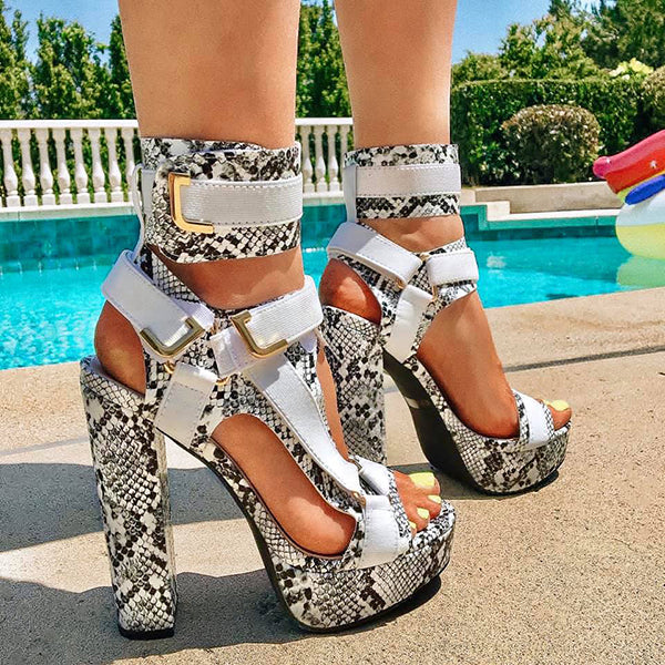 Women's Fashion Crocodile Open Toe Chunky Heels