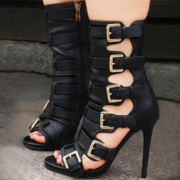 Women's Fashion Pointed Toe Buckled Ankle Sandal Boots