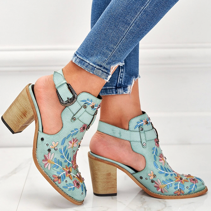 Cutout Embroidered Chunky Heels Ankle Strap Slingback Sandals