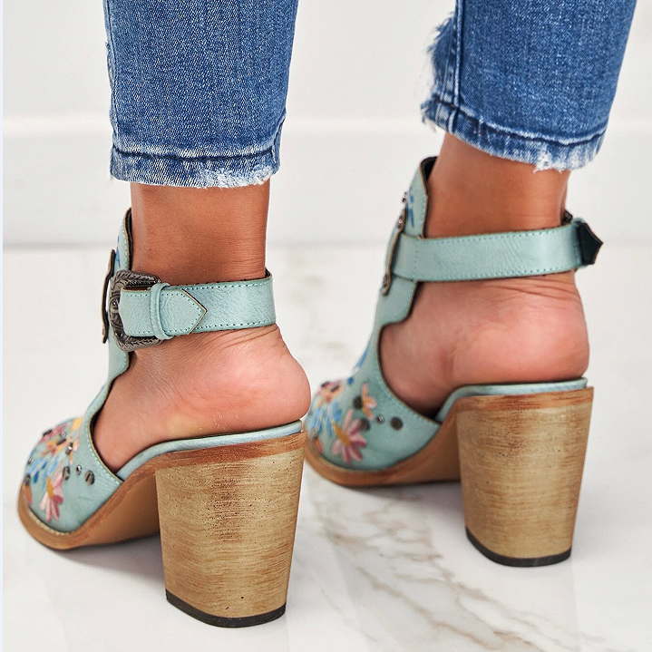 Cutout Embroidered Chunky Heels Ankle Strap Slingback Sandals