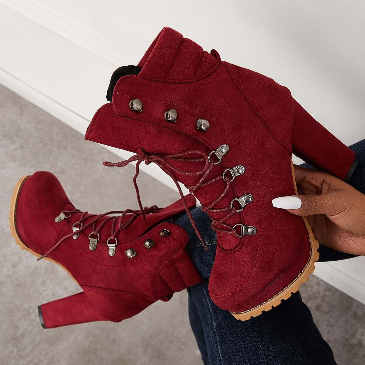 Women's Non Slip Chunky Platform High Heels Lace Up Ankle Boots