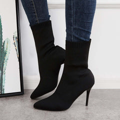 Women's Stretch Knit Sock Boots Pointed Toe Stiletto High Heel Boots