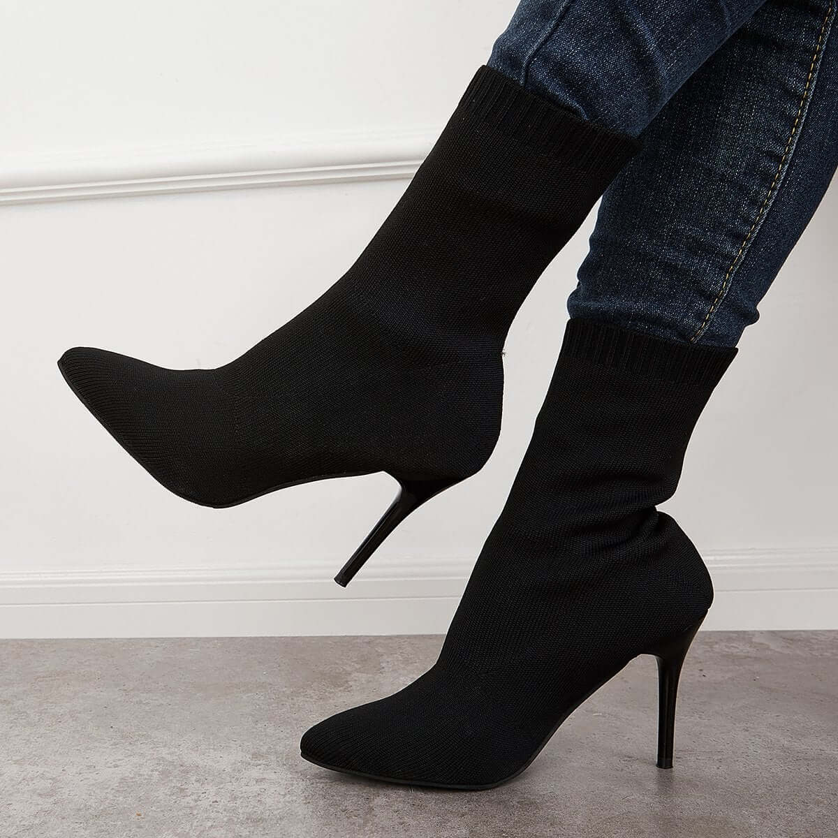 Women's Stretch Knit Sock Boots Pointed Toe Stiletto High Heel Boots