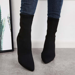 Women's Stretch Knit Sock Boots Pointed Toe Stiletto High Heel Boots