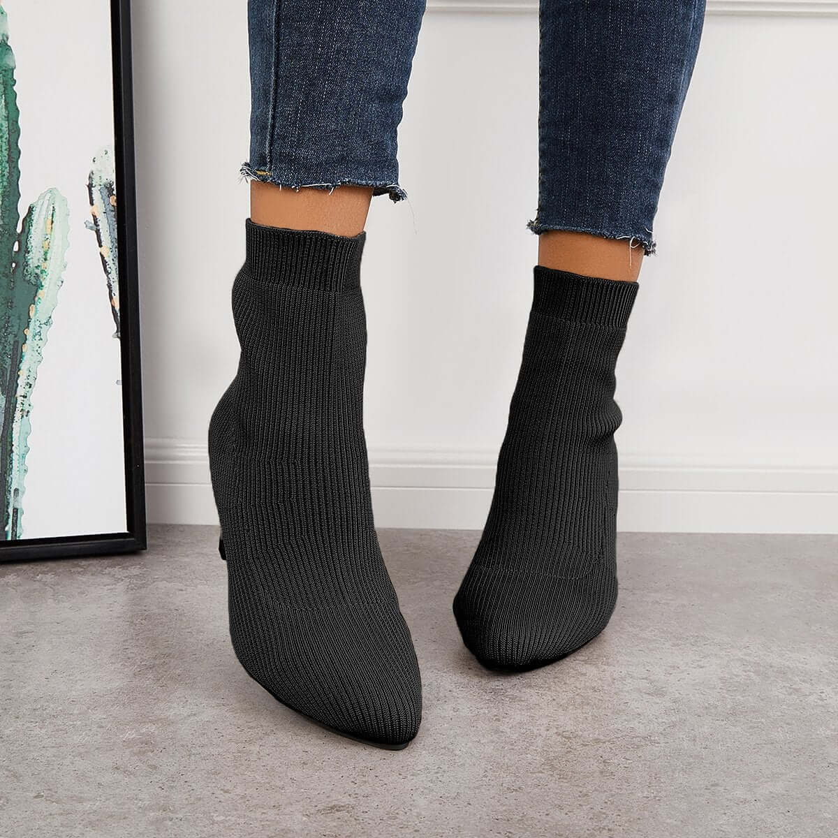 Women's Stretch Knit Sock Boots Pointed Toe Chunky Heel Ankle Boots