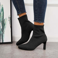 Women's Stretch Knit Sock Boots Pointed Toe Chunky Heel Ankle Boots