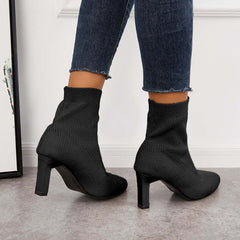 Women's Stretch Knit Sock Boots Pointed Toe Chunky Heel Ankle Boots