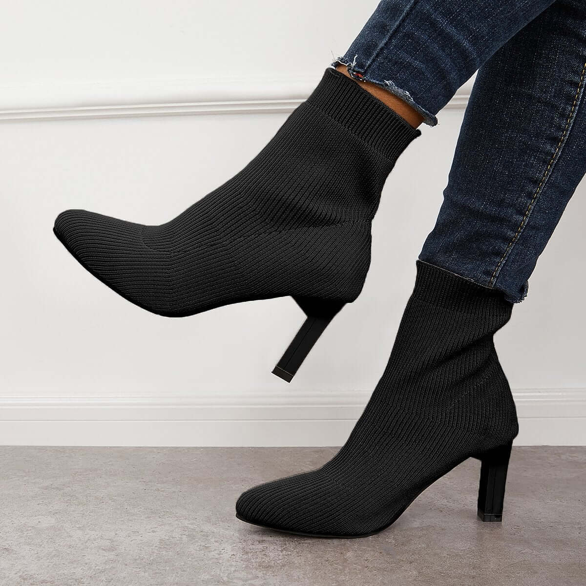 Women's Stretch Knit Sock Boots Pointed Toe Chunky Heel Ankle Boots