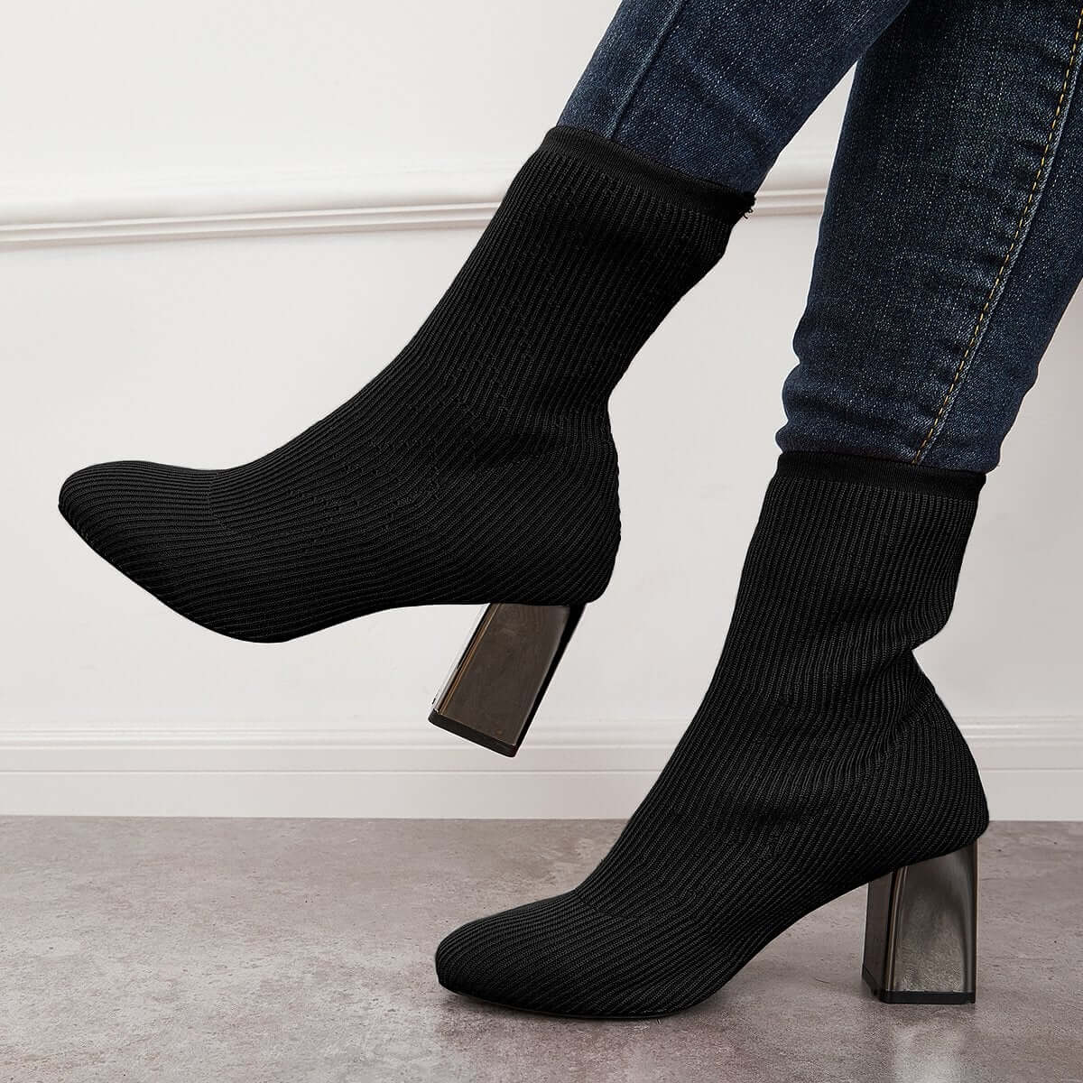 Stretch Knit Chunky Heel Sock Boots Slip on Ankle Booties for Women