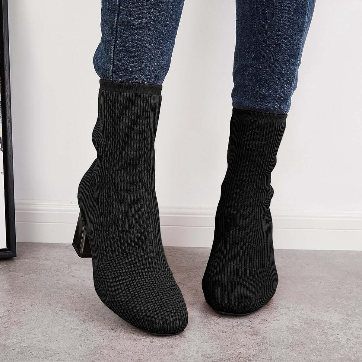 Stretch Knit Chunky Heel Sock Boots Slip on Ankle Booties for Women