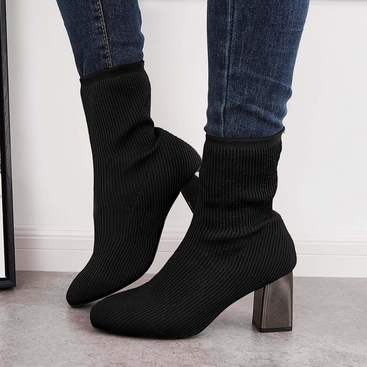 Stretch Knit Chunky Heel Sock Boots Slip on Ankle Booties for Women