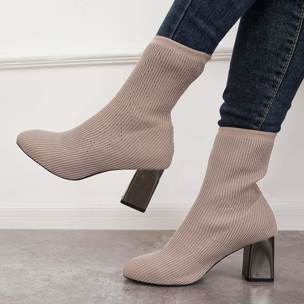 Stretch Knit Chunky Heel Sock Boots Slip on Ankle Booties for Women