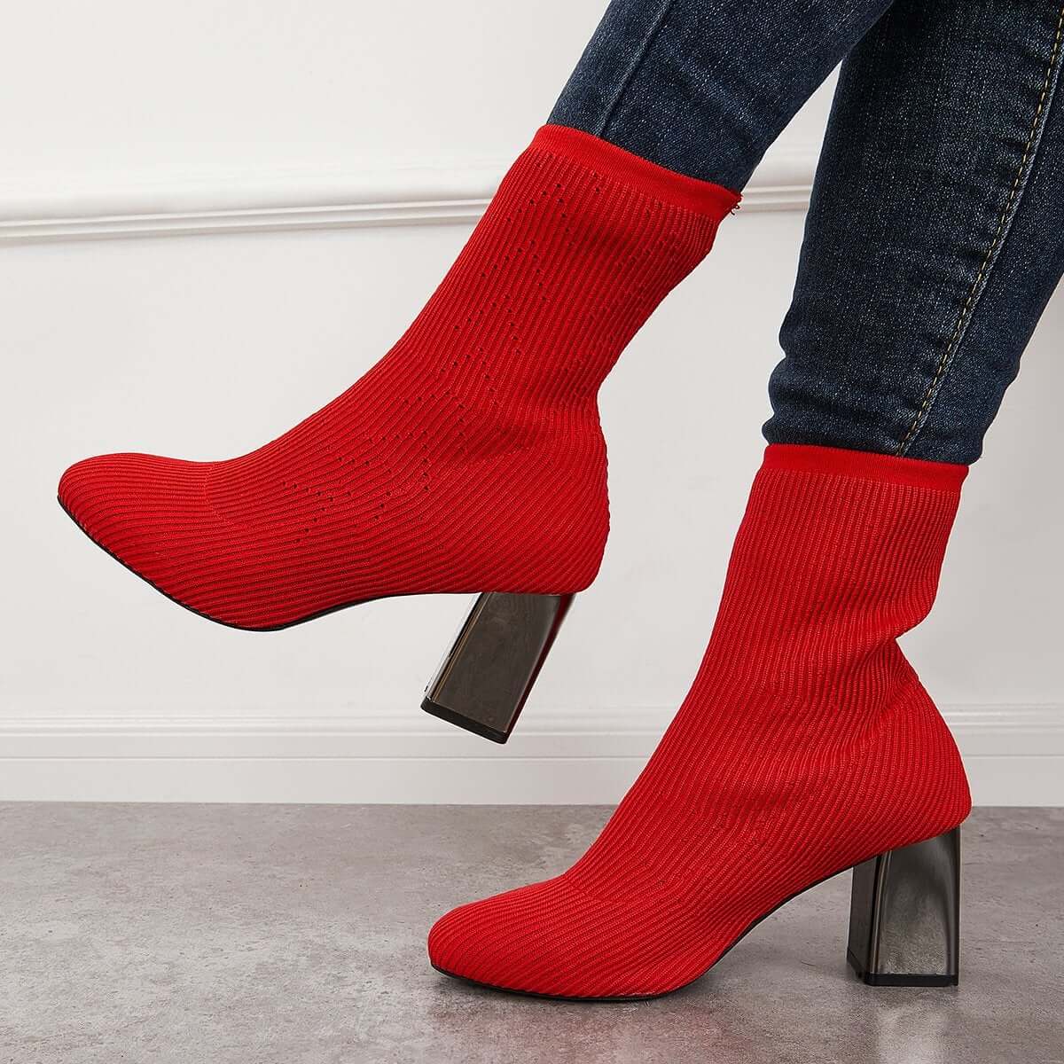 Stretch Knit Chunky Heel Sock Boots Slip on Ankle Booties for Women