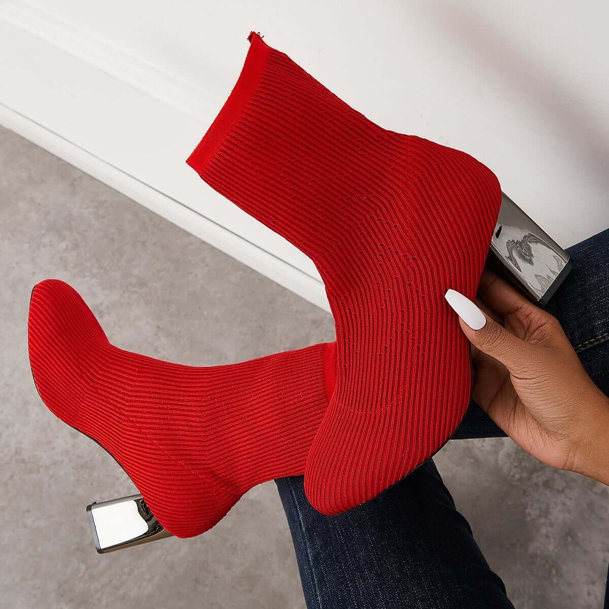 Stretch Knit Chunky Heel Sock Boots Slip on Ankle Booties for Women