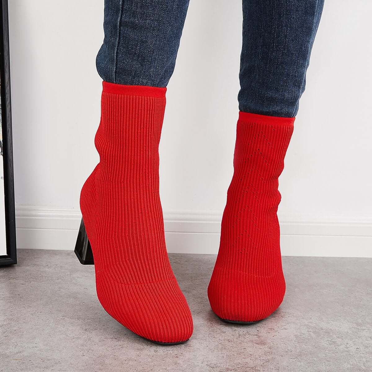 Stretch Knit Chunky Heel Sock Boots Slip on Ankle Booties for Women