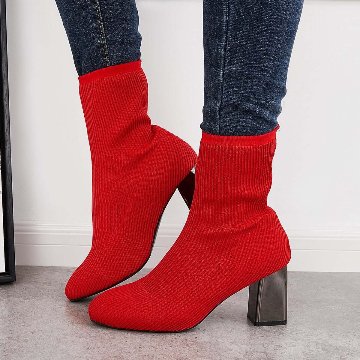 Stretch Knit Chunky Heel Sock Boots Slip on Ankle Booties for Women