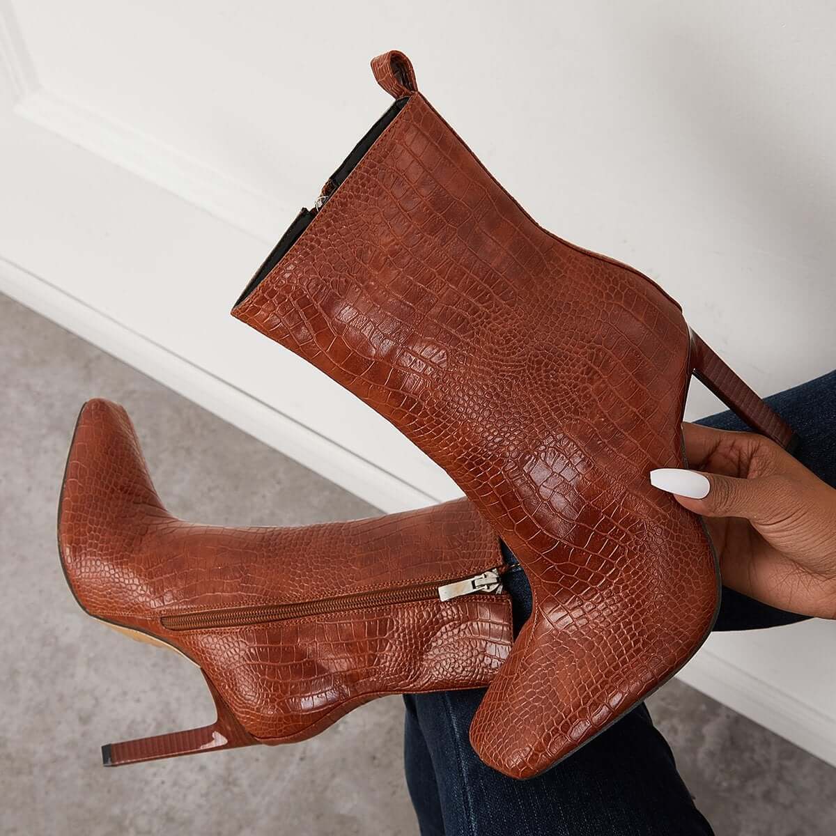 Women's Leather High Heel Ankle Boots