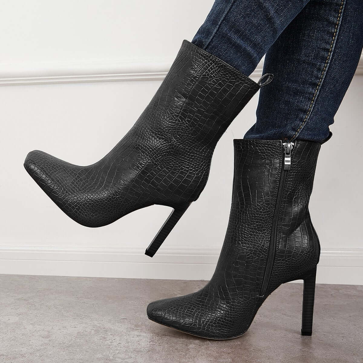 Women's Leather High Heel Ankle Boots