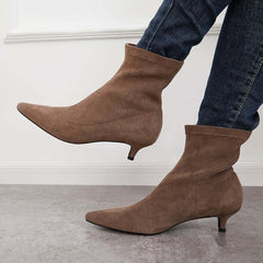 Suede Low Kitten Heel Ankle Boots Pointed Toe Slip on Booties for Women