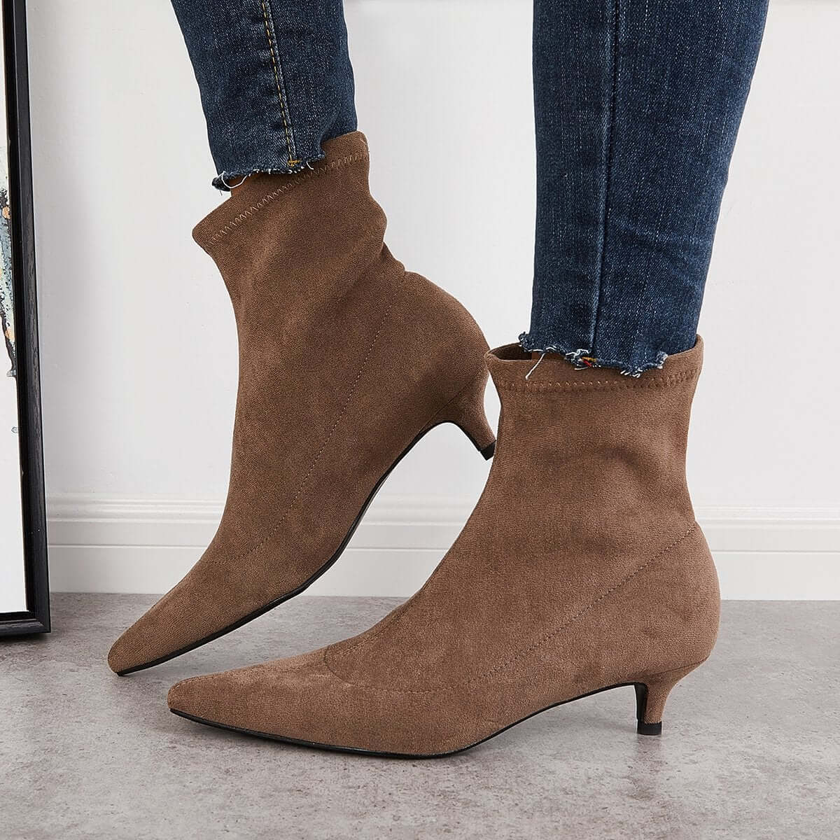 Suede Low Kitten Heel Ankle Boots Pointed Toe Slip on Booties for Women