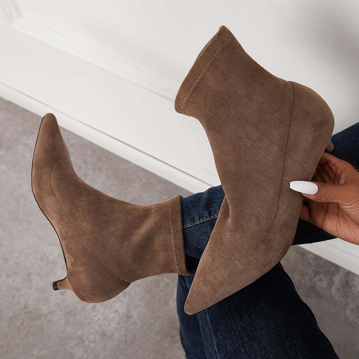 Suede Low Kitten Heel Ankle Boots Pointed Toe Slip on Booties for Women