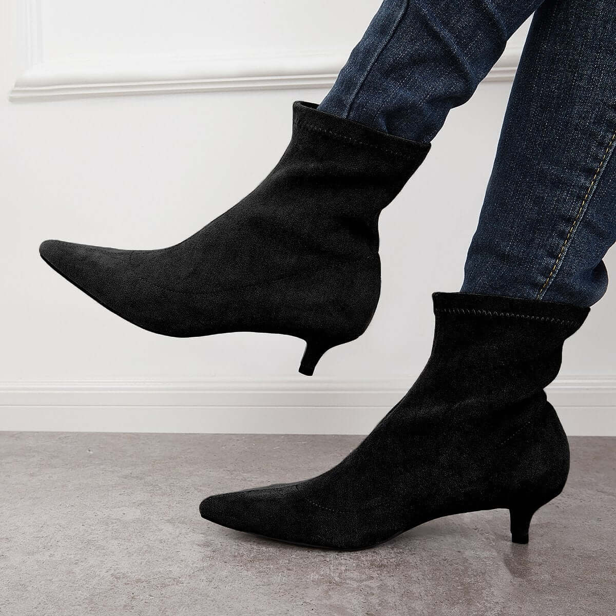 Suede Low Kitten Heel Ankle Boots Pointed Toe Slip on Booties for Women