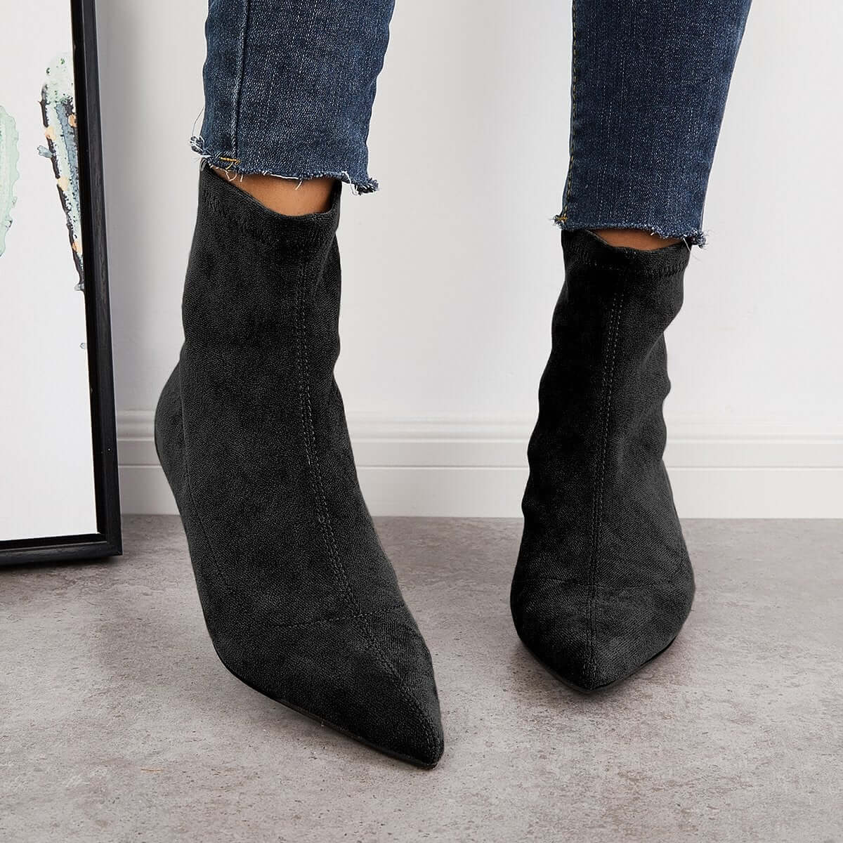 Suede Low Kitten Heel Ankle Boots Pointed Toe Slip on Booties for Women