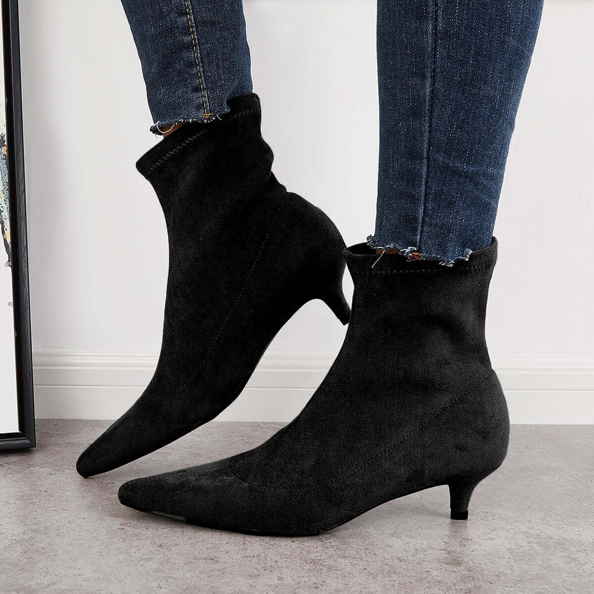 Suede Low Kitten Heel Ankle Boots Pointed Toe Slip on Booties for Women