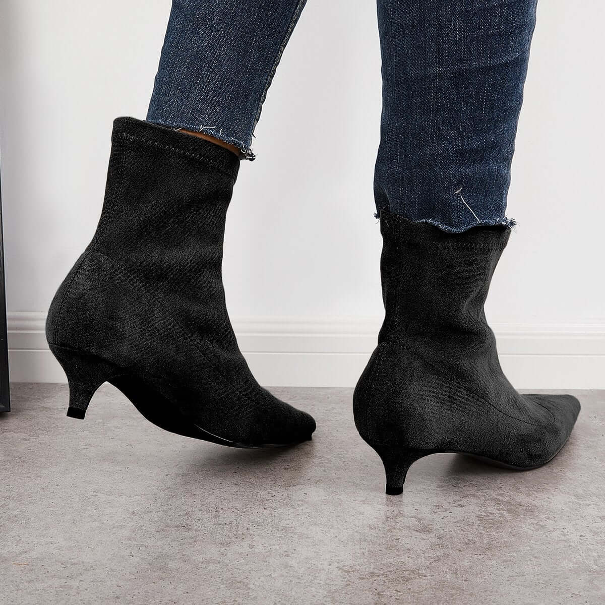 Suede Low Kitten Heel Ankle Boots Pointed Toe Slip on Booties for Women