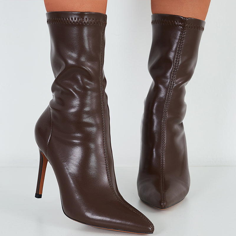 Pointed Toe Stiletto High Heels Boots Stretchy Mid Calf Booties