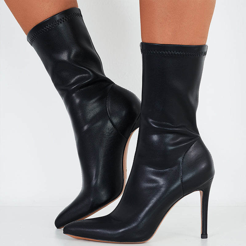 Pointed Toe Stiletto High Heels Boots Stretchy Mid Calf Booties