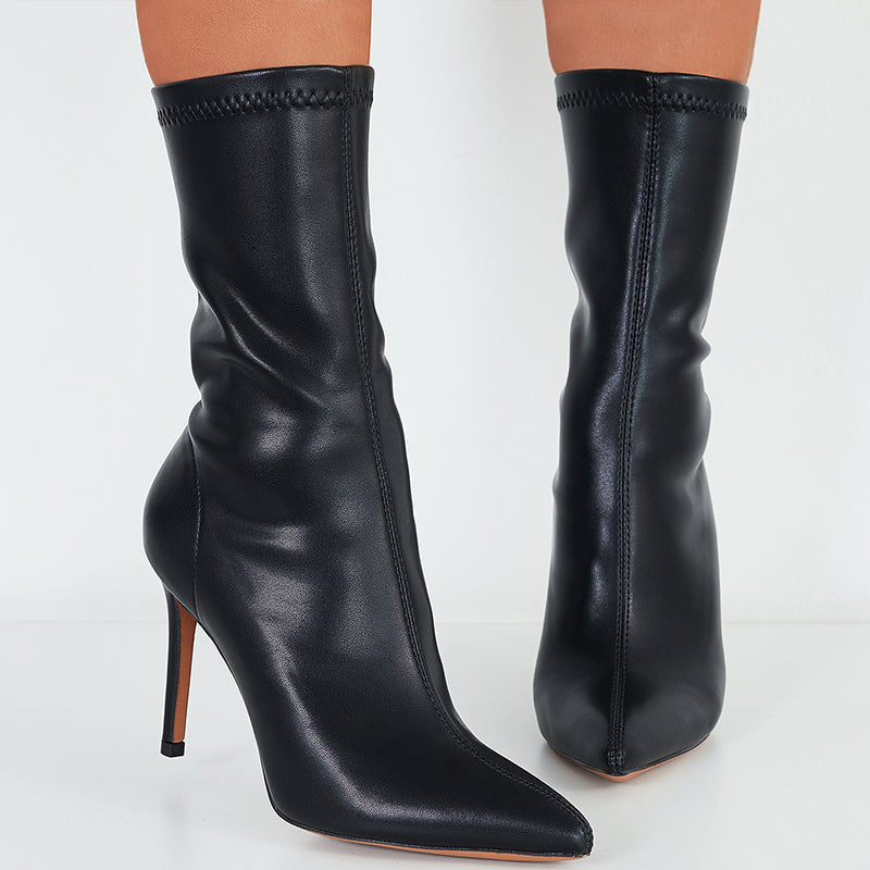 Pointed Toe Stiletto High Heels Boots Stretchy Mid Calf Booties