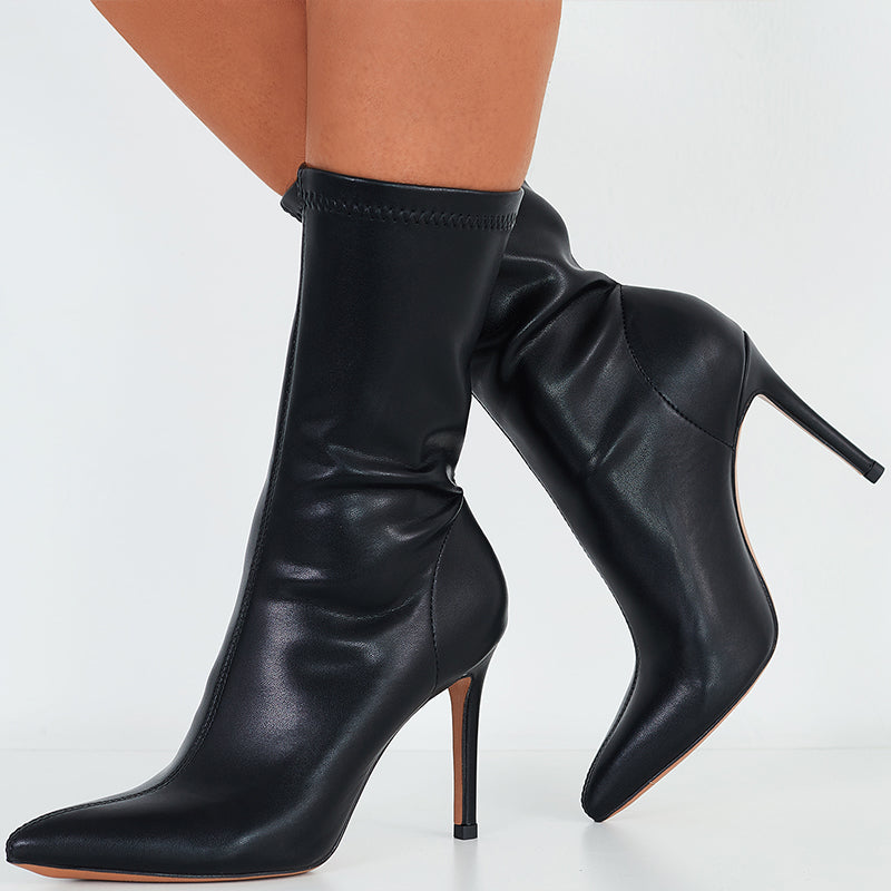 Pointed Toe Stiletto High Heels Boots Stretchy Mid Calf Booties