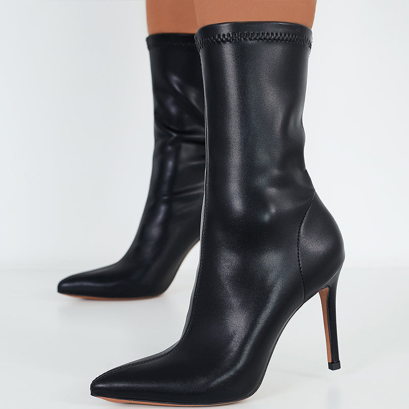 Pointed Toe Stiletto High Heels Boots Stretchy Mid Calf Booties