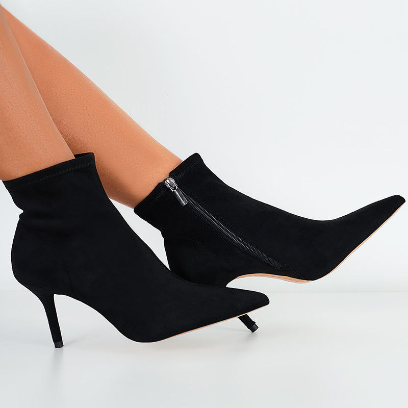 Pointed Toe Ankle Boots Stiletto Heels Side Zipper Faux Suede Booties