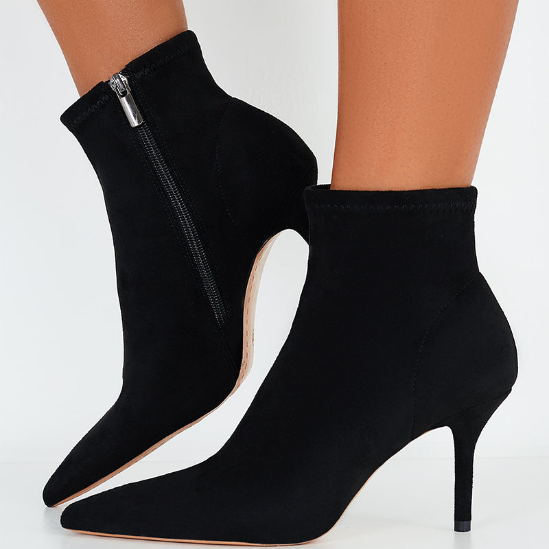 Pointed Toe Ankle Boots Stiletto Heels Side Zipper Faux Suede Booties