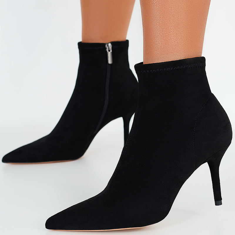 Pointed Toe Ankle Boots Stiletto Heels Side Zipper Faux Suede Booties