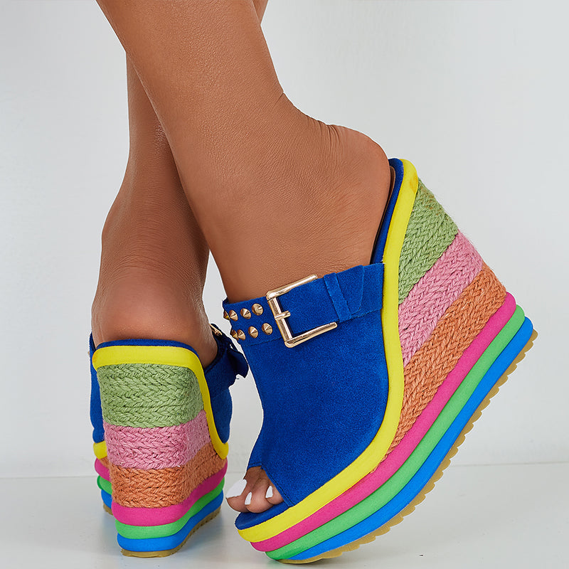 Rainbow Platform Wedge Slides Peep Toe Slip on Espadrille Heel Sandals