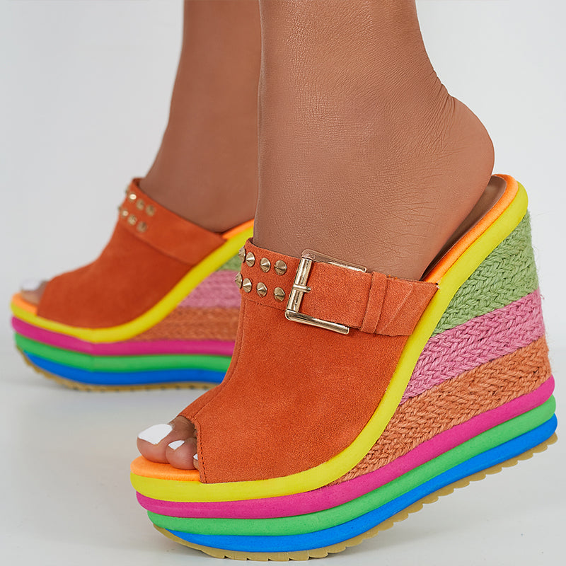 Rainbow Platform Wedge Slides Peep Toe Slip on Espadrille Heel Sandals