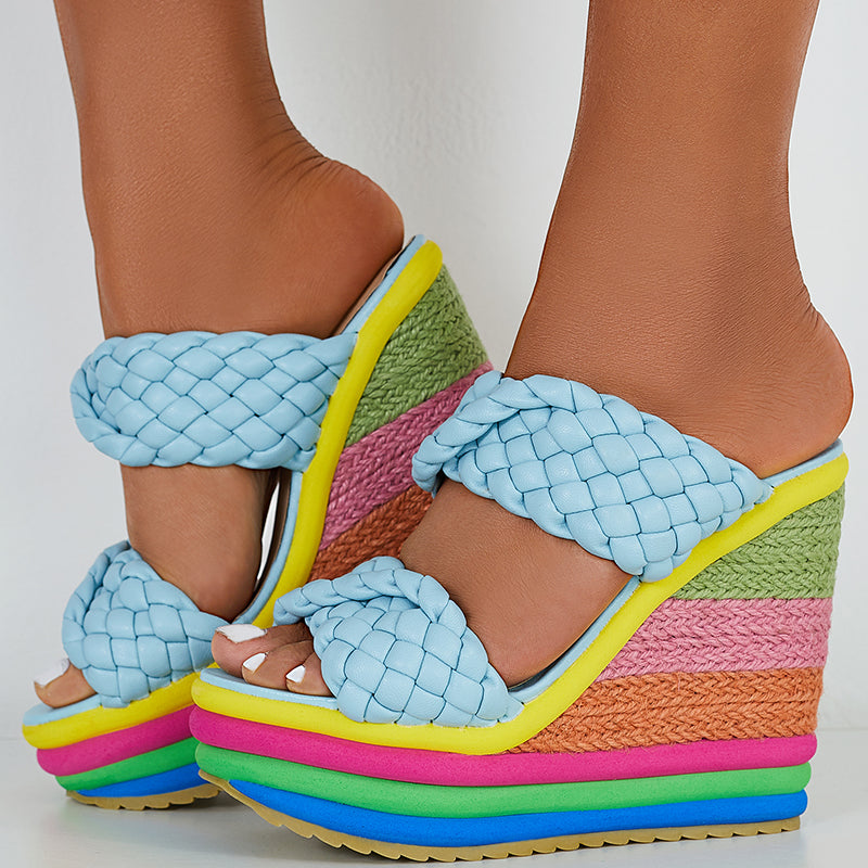 Braided Espadrille Platform Wedges Slide Sandals Rainbow High Heel Sandals