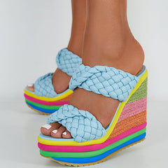 Braided Espadrille Platform Wedges Slide Sandals Rainbow High Heel Sandals