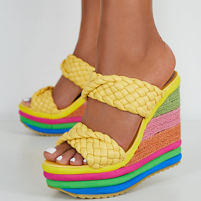 Braided Espadrille Platform Wedges Slide Sandals Rainbow High Heel Sandals