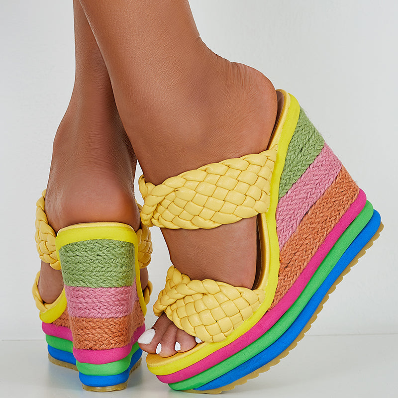 Braided Espadrille Platform Wedges Slide Sandals Rainbow High Heel Sandals