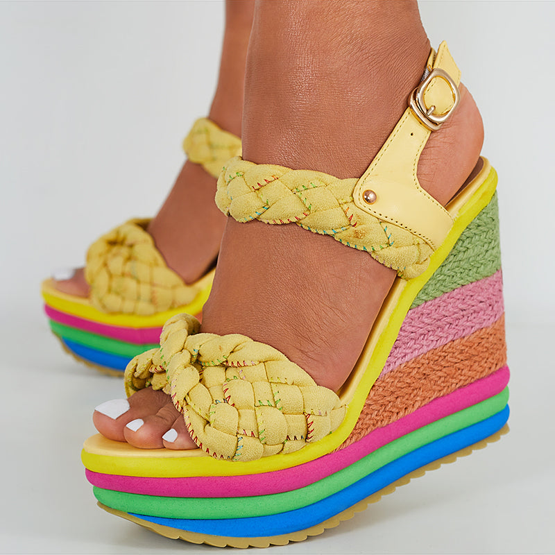 Straw Ankle Strap Platform Wedges Super High Heel Rainbow Sandals