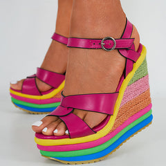 Crisscross Ankle Strap Espadrilles Rainbow Platform Wedge Sandals