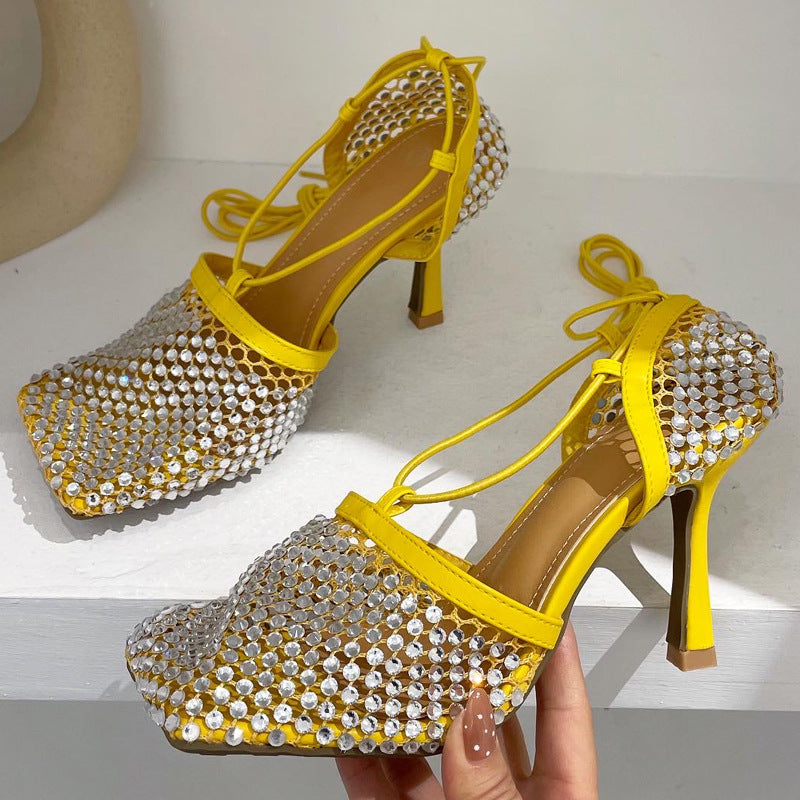 Rhinestone Square Toe Lace Up Strappy Stiletto Heel Sandals